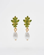 Load image into Gallery viewer, Oak Leaf Pearl Drop Gold Earrings