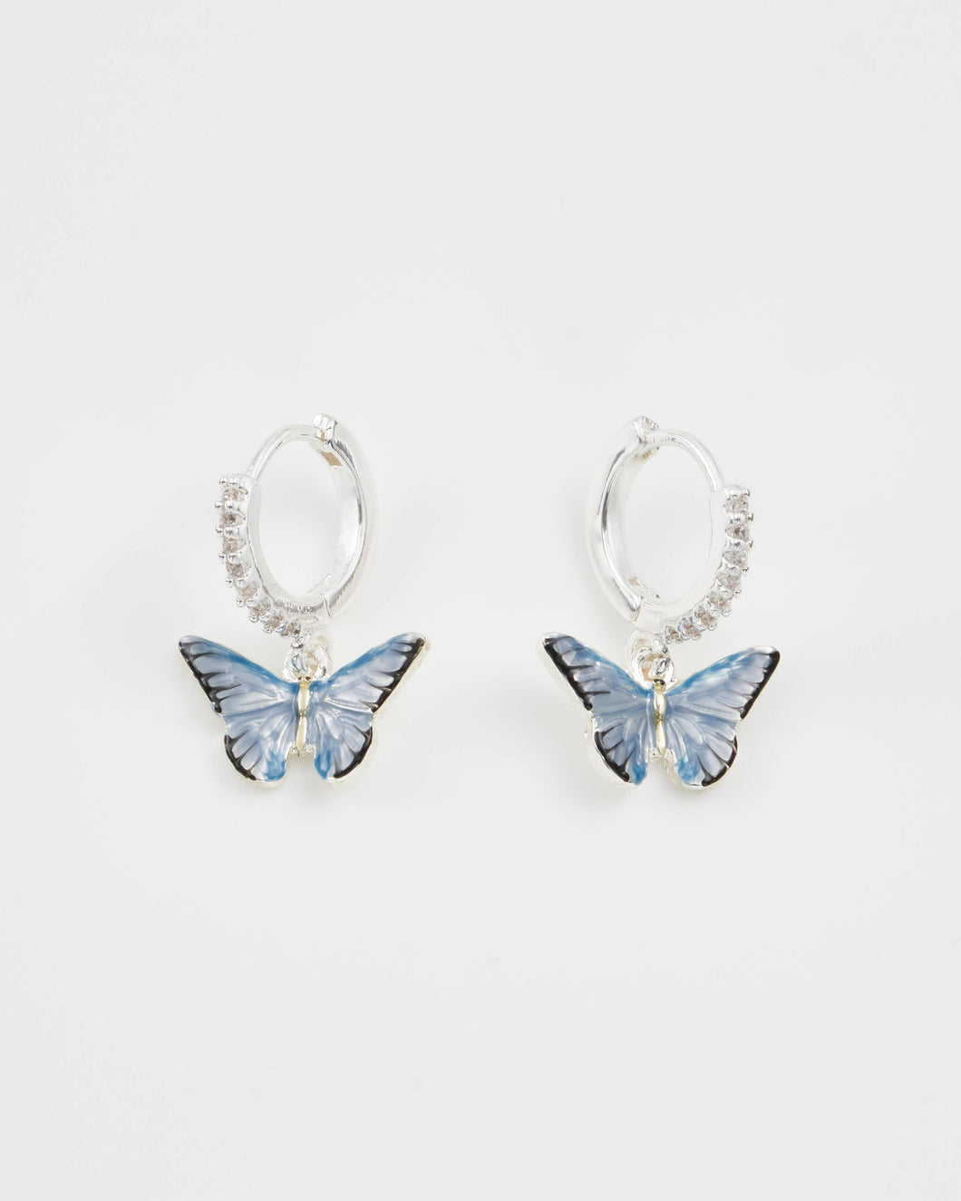 Blue Butterfly Silver Huggie Earrings