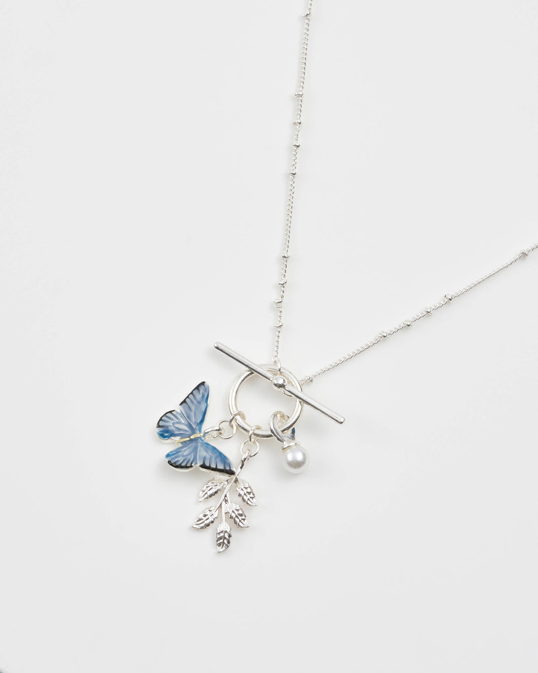 Blue Butterfly & Leaf Silver Necklace