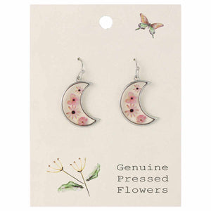 Pink Dried Flower Silver Moon Earrings