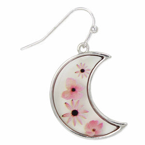 Pink Dried Flower Silver Moon Earrings