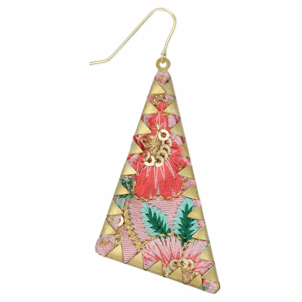 Pink Embroidered Crimped Set Triangle Earrings
