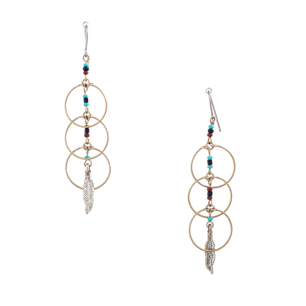 Triple Circle Beaded w/ Feathers Earrings
