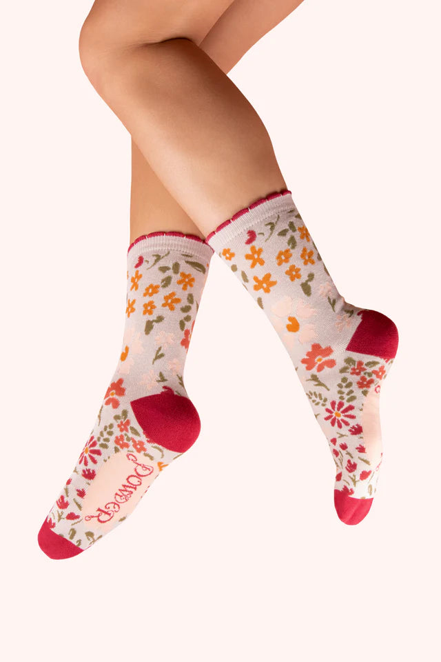 Cream Flower Meadow Ankle Socks