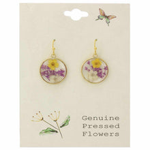 Load image into Gallery viewer, Purple &amp; Yellow Dried Flower Round Earrings
