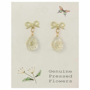 Dried Flower Gold Bow Teardrop Earrings