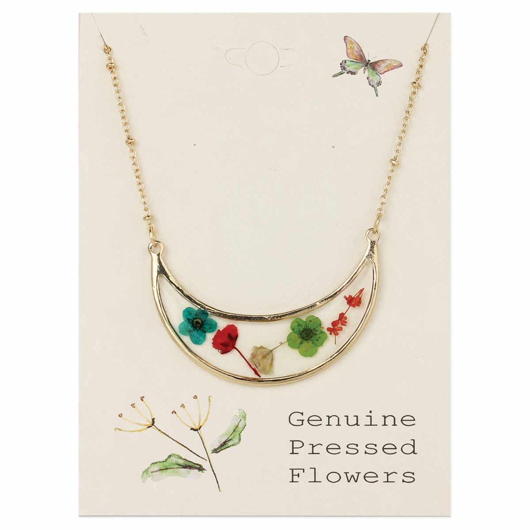 Red, Green, Blue Bouquet Gold Dried Flower Necklace
