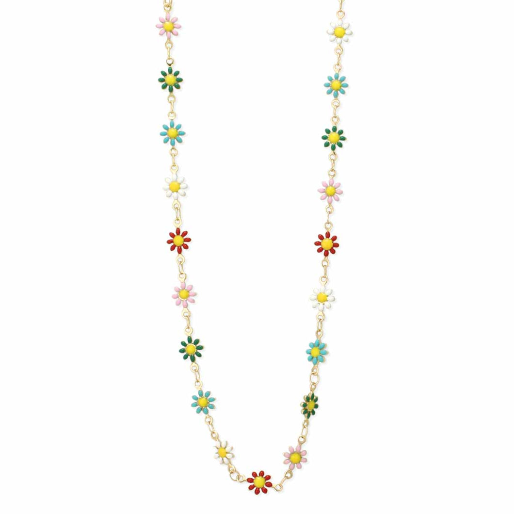 Gold Enamel Multi-Colored Daisy Link Necklace