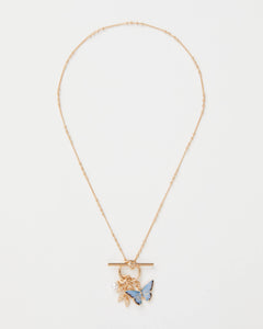 Enamel Blue Butterfly & Leaf Charm Necklace