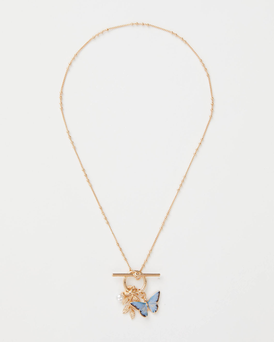 Enamel Blue Butterfly & Leaf Charm Necklace